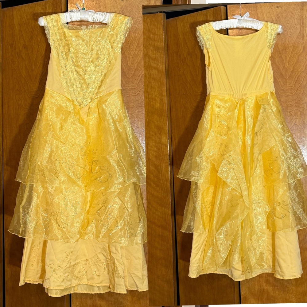 Disney Belle Beauty and the Beast Yellow Gold Glitter Costume Dress Girls M 7-8
